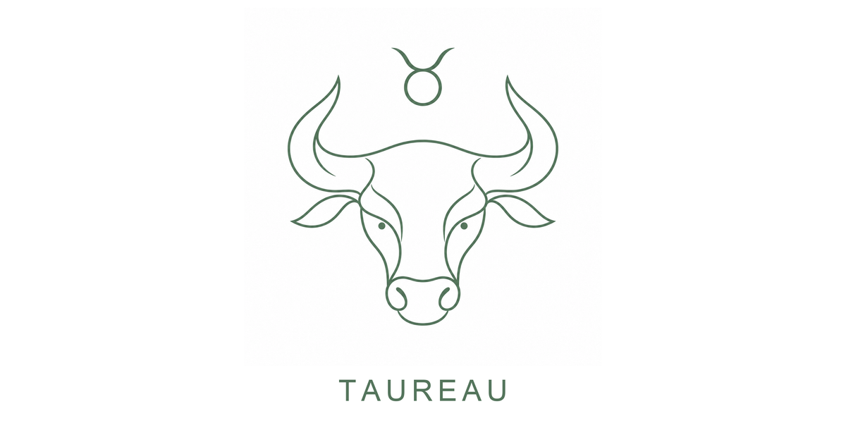 Visuel à plat du mug Taureau Zodiaque Minimaliste : une tête de taureau aux cornes puissantes, symbole ♉ et nom TAUREAU