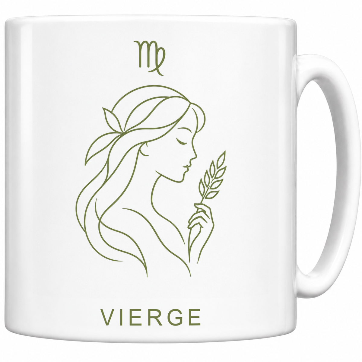 Mug blanc céramique 330 ml signe Vierge ♍ : dessin minimaliste au trait fin vert olive, nom VIERGE en capitales