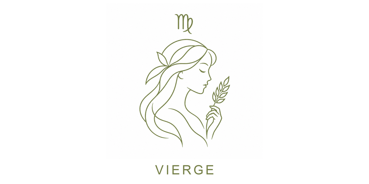 Visuel à plat du mug Vierge Zodiaque Minimaliste : le profil d'une jeune femme tenant un épi de blé, symbole ♍ et nom VIERGE