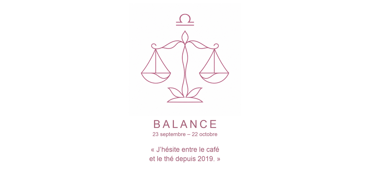 Visuel à plat du mug Balance Zodiaque Phrase : une balance aux plateaux équilibrés, symbole ♎ et nom BALANCE