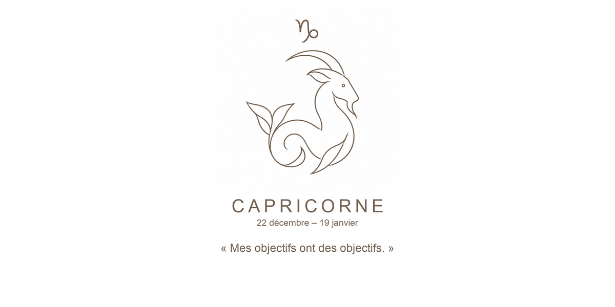 Visuel à plat du mug Capricorne Zodiaque Phrase : une chèvre-poisson mythique, mi-terre mi-océan, symbole ♑ et nom CAPRICORNE