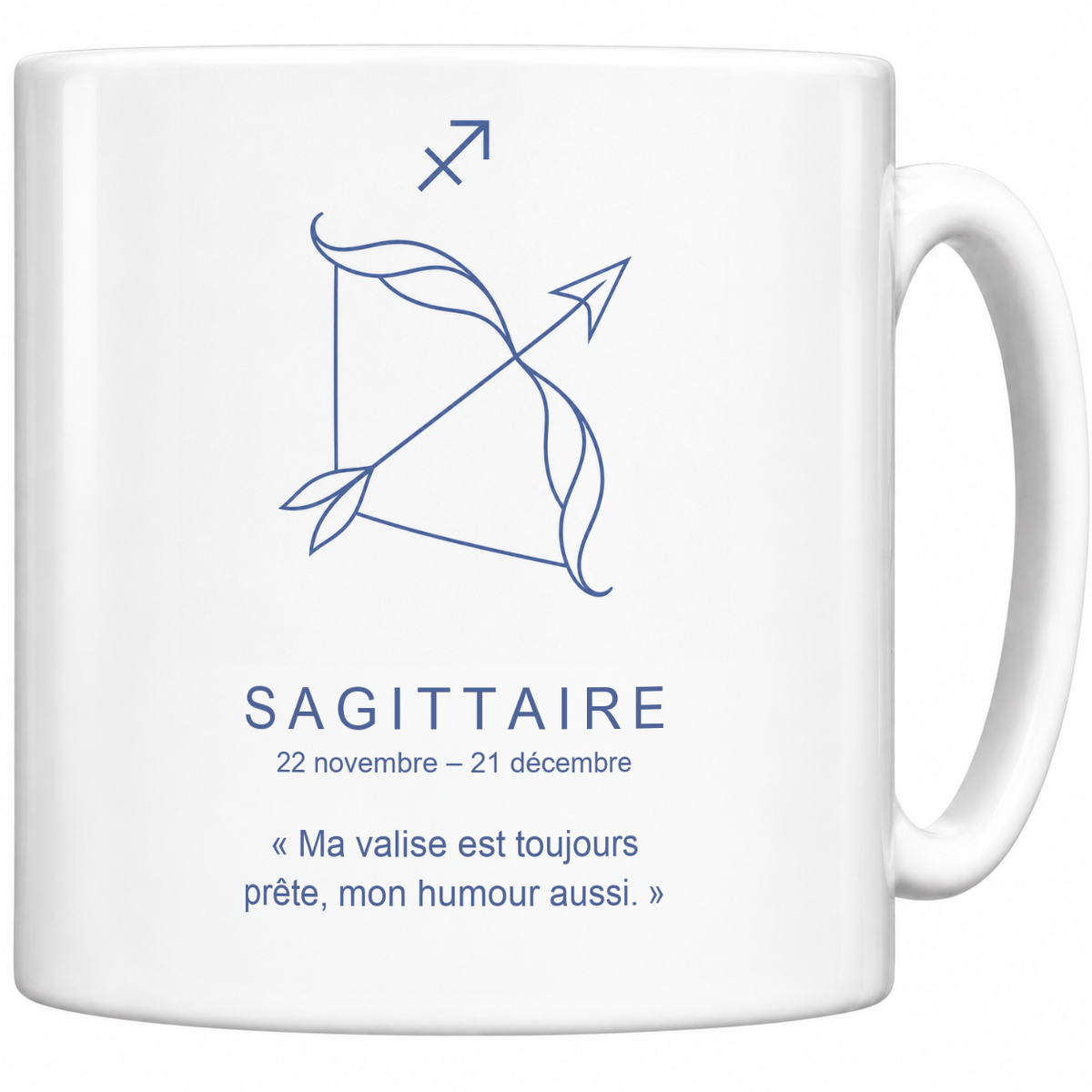 Mug blanc céramique 330 ml signe Sagittaire ♐ : dessin minimaliste au trait fin bleu indigo, nom SAGITTAIRE, dates et phrase « Ma valise est toujours prête, mon humour aussi. »