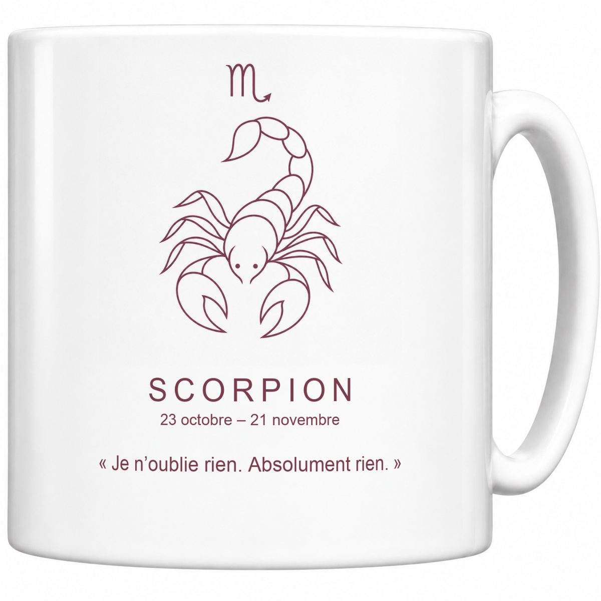 Mug blanc céramique 330 ml signe Scorpion ♏ : dessin minimaliste au trait fin bordeaux, nom SCORPION, dates et phrase « Je n’oublie rien. Absolument rien. »