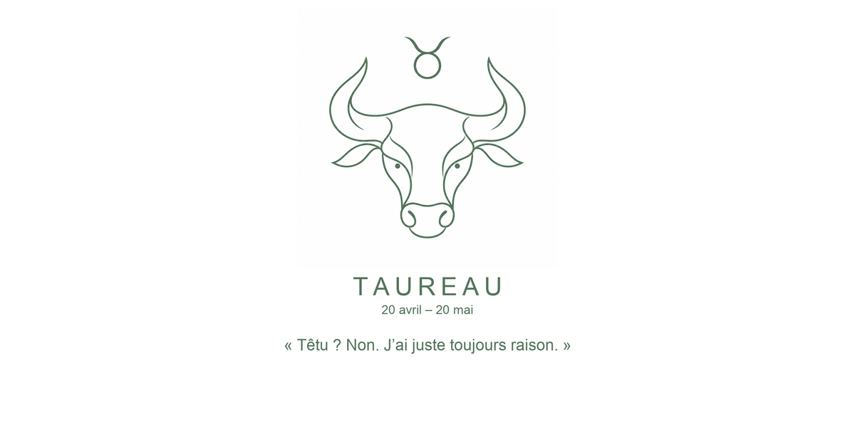 Visuel à plat du mug Taureau Zodiaque Phrase : une tête de taureau aux cornes puissantes, symbole ♉ et nom TAUREAU