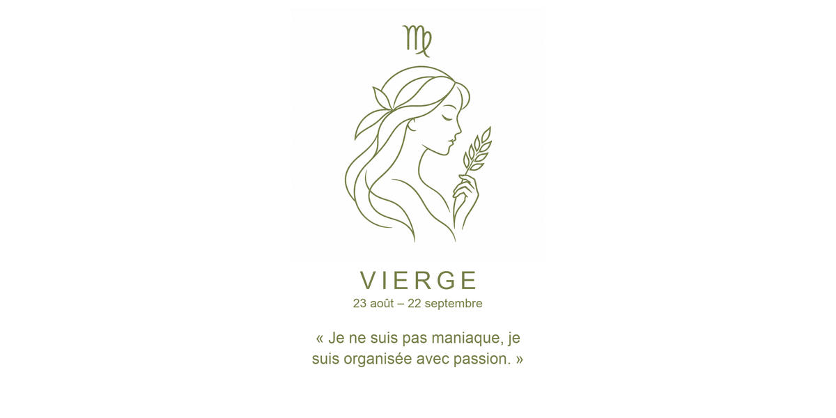 Visuel à plat du mug Vierge Zodiaque Phrase : le profil d'une jeune femme tenant un épi de blé, symbole ♍ et nom VIERGE