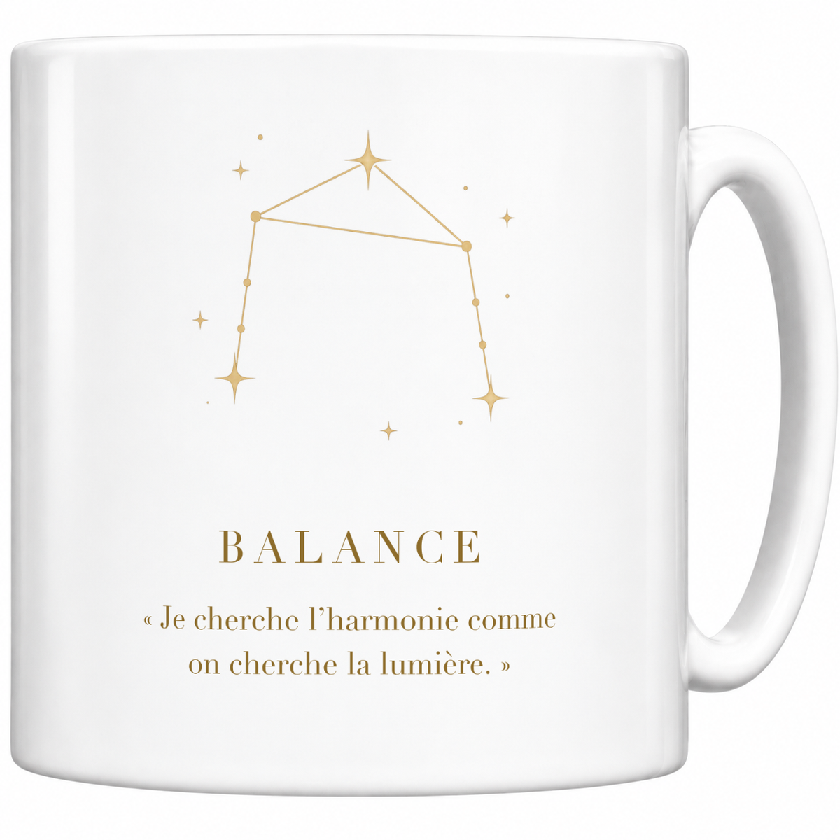 Mug blanc céramique 330 ml signe Balance : constellation dorée, nom BALANCE et phrase « Je cherche l’harmonie comme on cherche la lumière. »