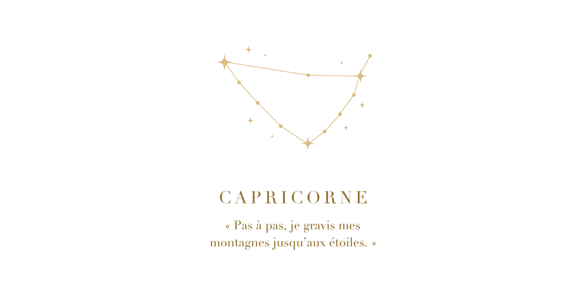 Visuel à plat du mug Capricorne Zodiaque Poétique : constellation du Capricorne en lignes dorées, nom CAPRICORNE en capitales Didot et phrase poétique