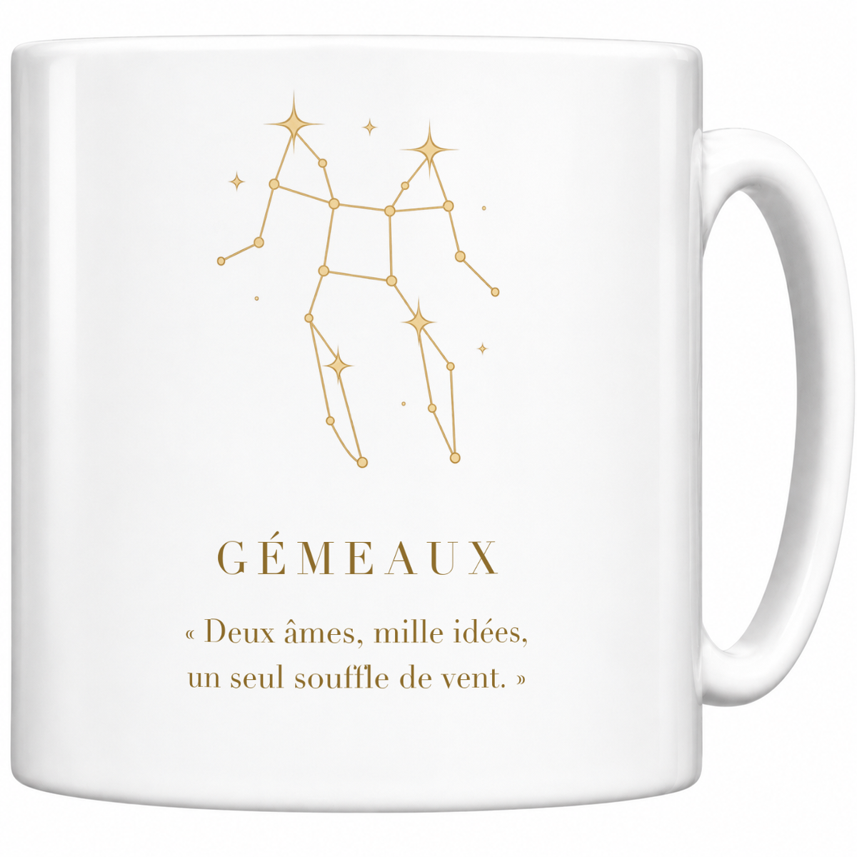 Mug blanc céramique 330 ml signe Gémeaux : constellation dorée, nom GÉMEAUX et phrase « Deux âmes, mille idées, un seul souffle de vent. »