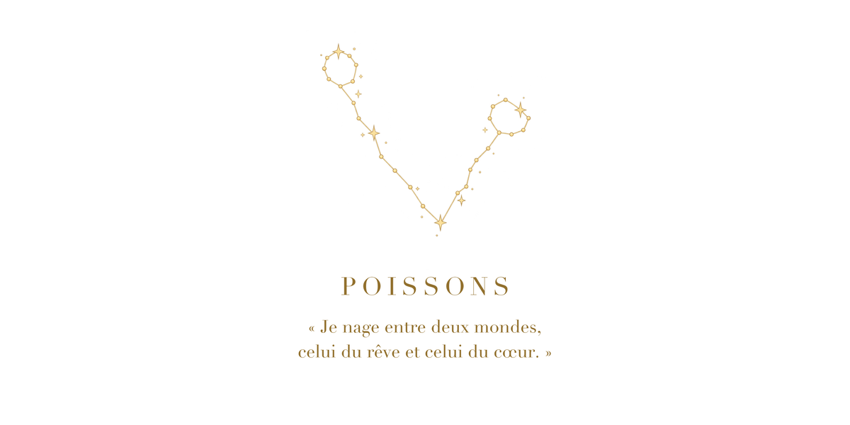 Visuel à plat du mug Poissons Zodiaque Poétique : constellation des Poissons en lignes dorées, nom POISSONS en capitales Didot et phrase poétique