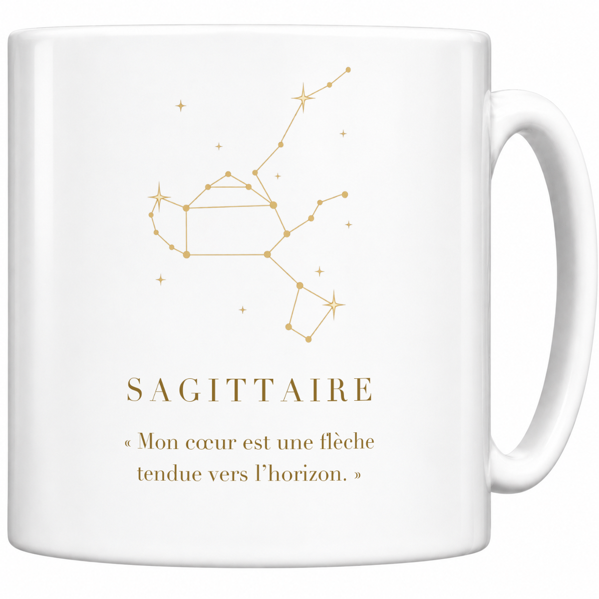Mug blanc céramique 330 ml signe Sagittaire : constellation dorée, nom SAGITTAIRE et phrase « Mon cœur est une flèche tendue vers l’horizon. »