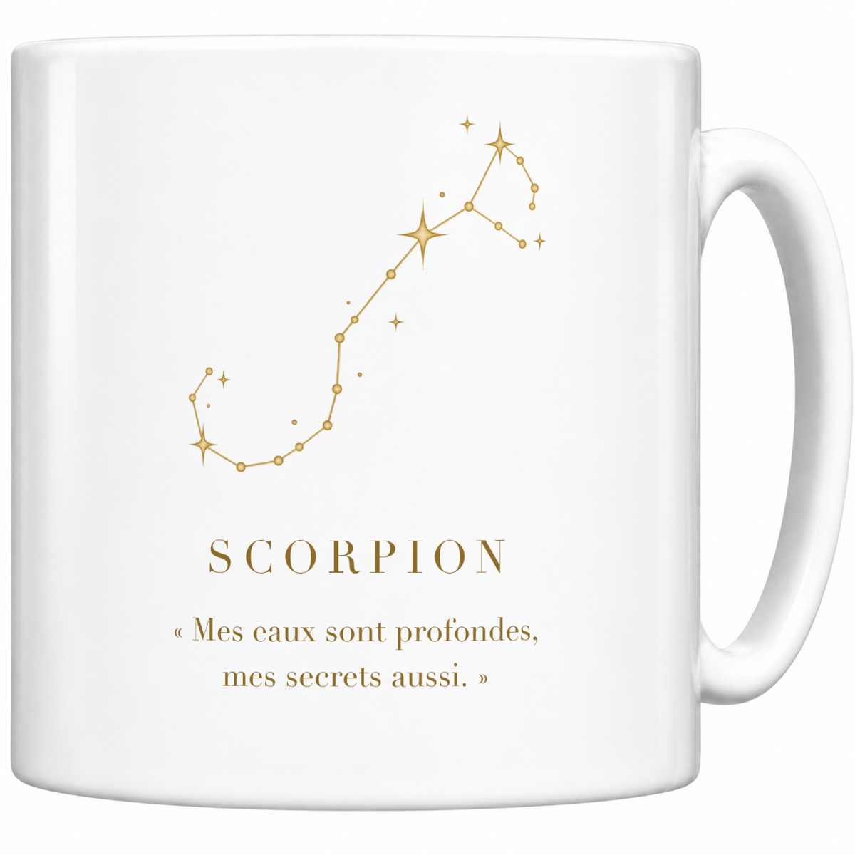 Mug blanc céramique 330 ml signe Scorpion : constellation dorée, nom SCORPION et phrase « Mes eaux sont profondes, mes secrets aussi. »