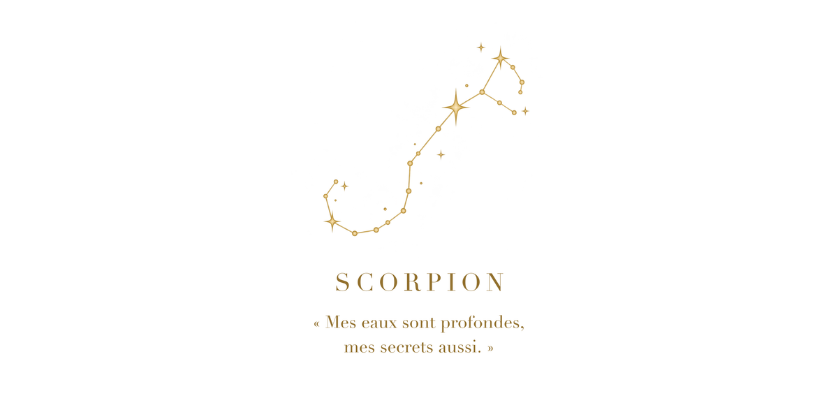 Visuel à plat du mug Scorpion Zodiaque Poétique : constellation du Scorpion en lignes dorées, nom SCORPION en capitales Didot et phrase poétique