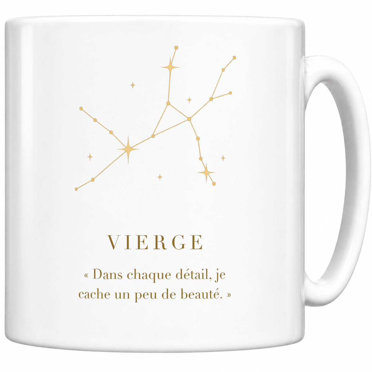 Mug blanc céramique 330 ml signe Vierge : constellation dorée, nom VIERGE et phrase « Dans chaque détail, je cache un peu de beauté. »