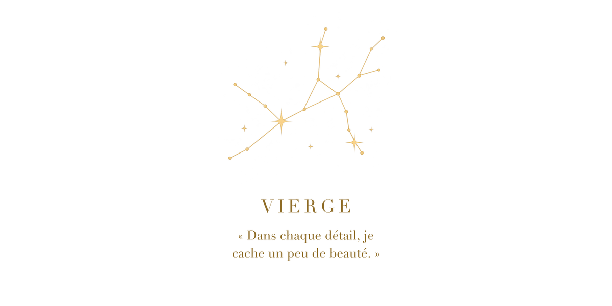 Visuel à plat du mug Vierge Zodiaque Poétique : constellation de la Vierge en lignes dorées, nom VIERGE en capitales Didot et phrase poétique