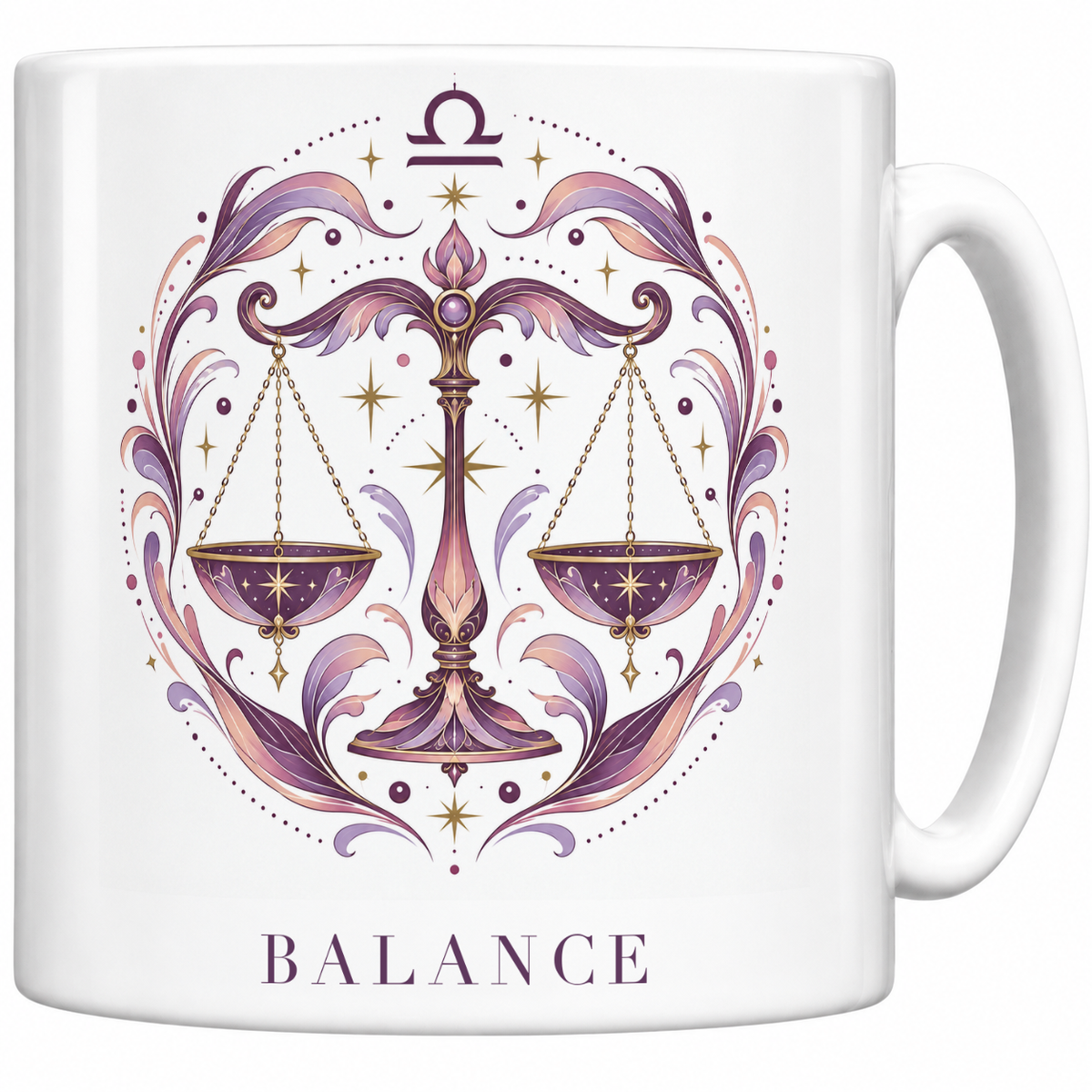 Mug blanc céramique 330 ml signe Balance ♎ : illustration céleste rose poudré et or, nom BALANCE en capitales