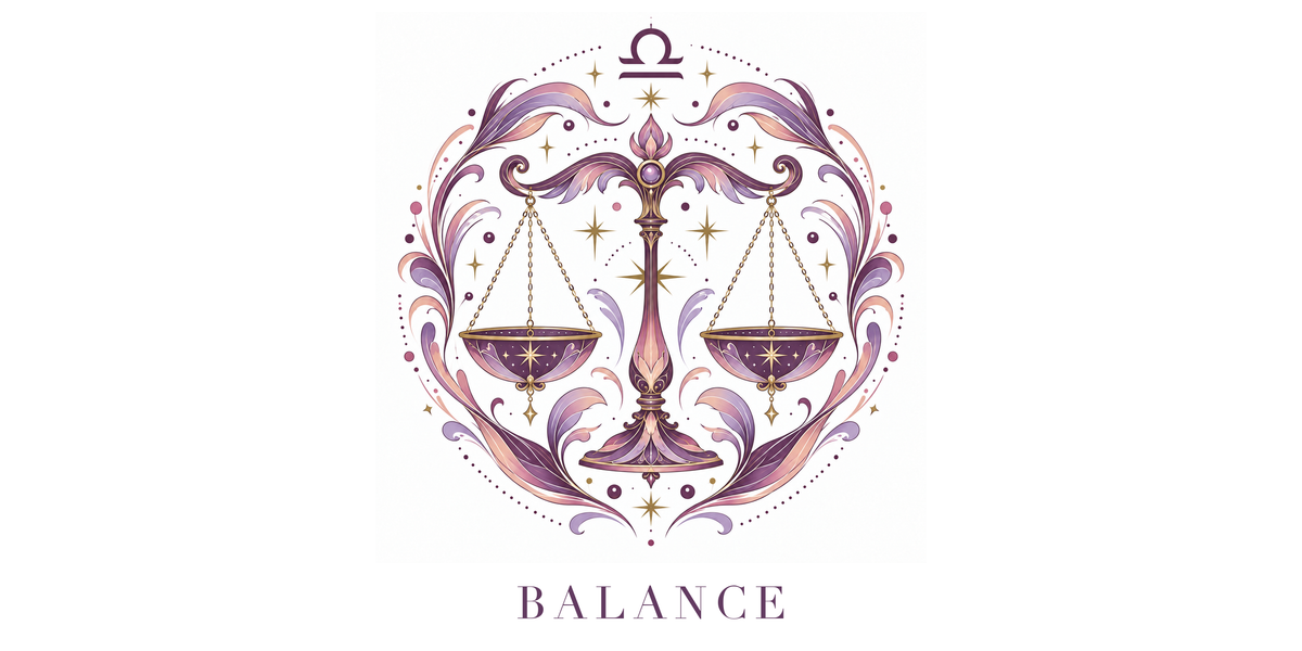 Visuel à plat du mug Balance Zodiaque Rose : une balance ornementale aux plateaux parfaitement équilibrés, symbole ♎ et nom BALANCE