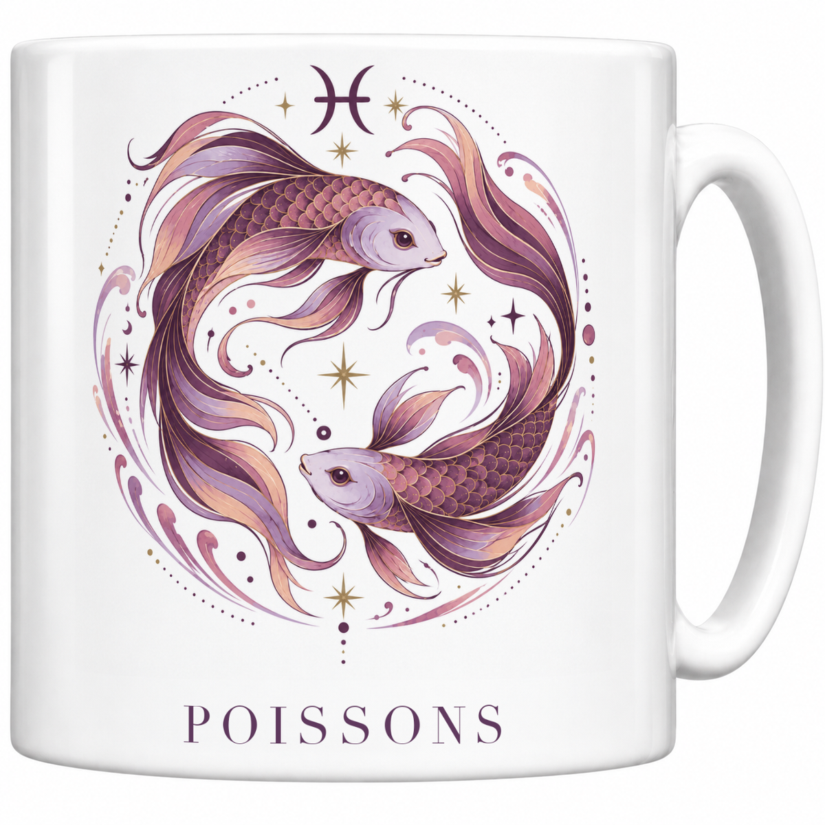Mug blanc céramique 330 ml signe Poissons ♓ : illustration céleste rose poudré et or, nom POISSONS en capitales