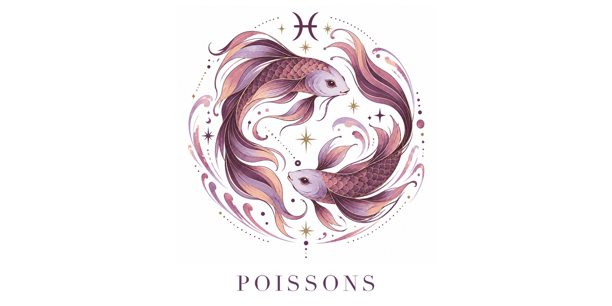 Visuel à plat du mug Poissons Zodiaque Rose : deux poissons enlacés nageant en sens contraire, symbole ♓ et nom POISSONS