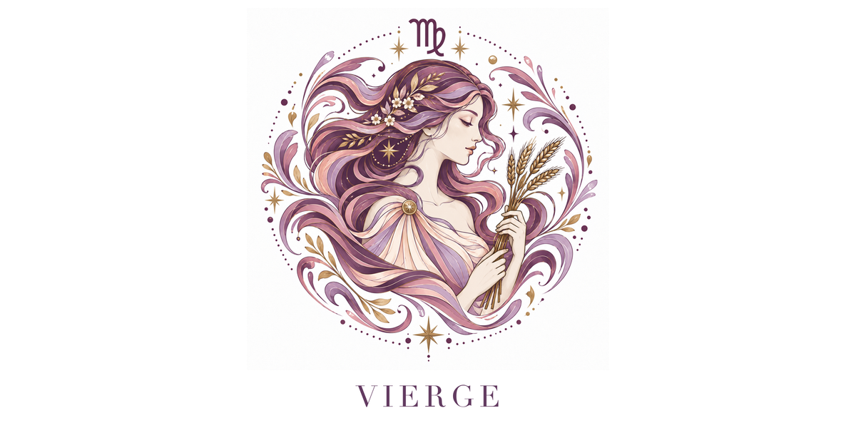 Visuel à plat du mug Vierge Zodiaque Rose : une jeune femme aux cheveux fleuris tenant des épis de blé, symbole ♍ et nom VIERGE