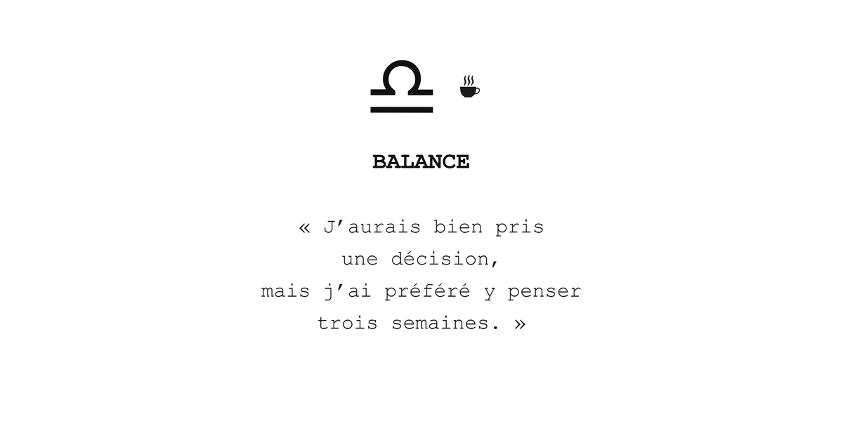 Visuel à plat du mug Balance Zodiaque Sarcastique : symbole ♎, petite tasse, nom BALANCE et phrase en police machine à écrire