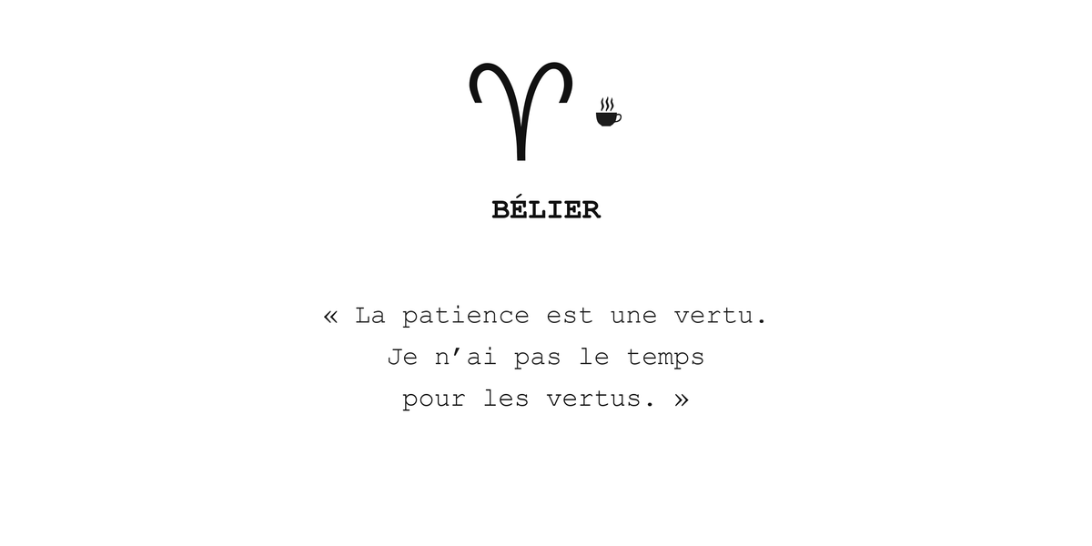 Visuel à plat du mug Bélier Zodiaque Sarcastique : symbole ♈, petite tasse, nom BÉLIER et phrase en police machine à écrire
