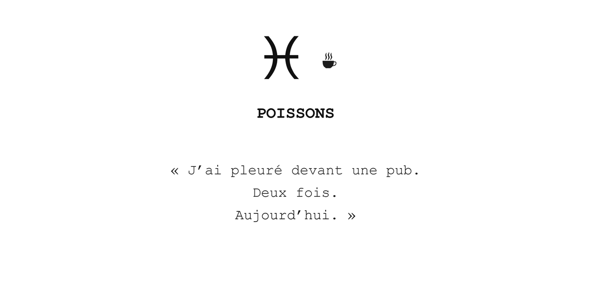 Visuel à plat du mug Poissons Zodiaque Sarcastique : symbole ♓, petite tasse, nom POISSONS et phrase en police machine à écrire