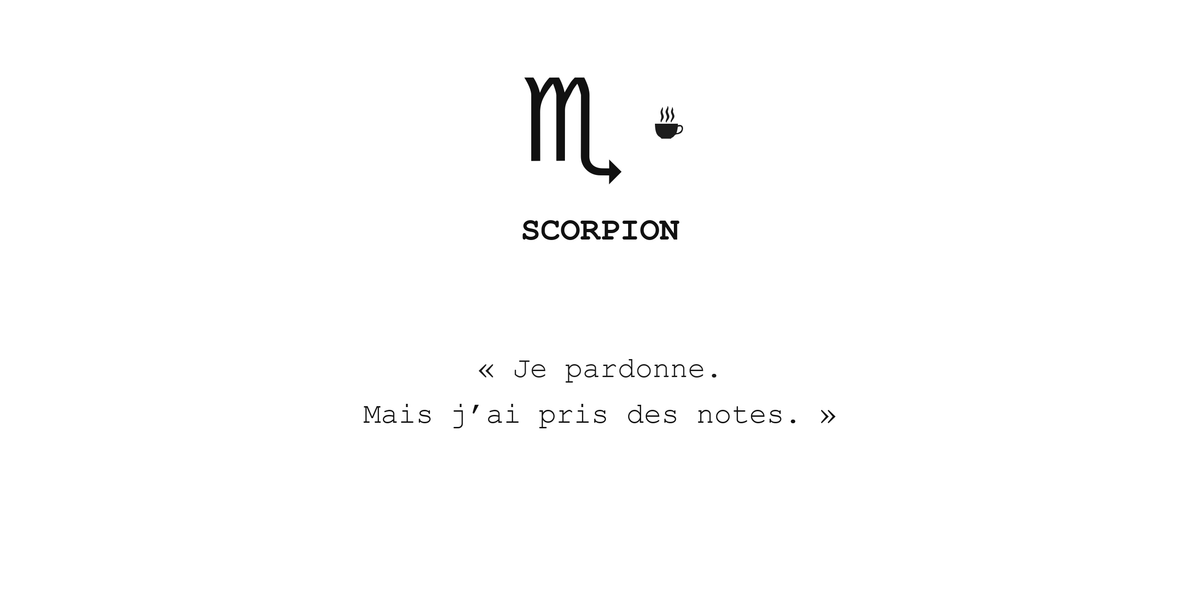 Visuel à plat du mug Scorpion Zodiaque Sarcastique : symbole ♏, petite tasse, nom SCORPION et phrase en police machine à écrire