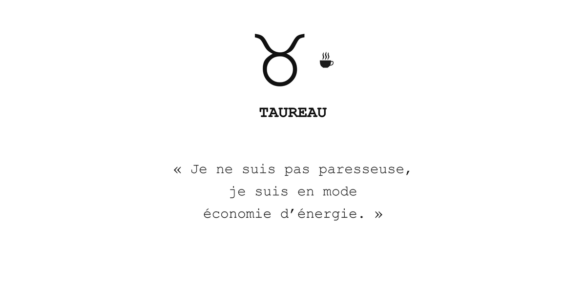 Visuel à plat du mug Taureau Zodiaque Sarcastique : symbole ♉, petite tasse, nom TAUREAU et phrase en police machine à écrire