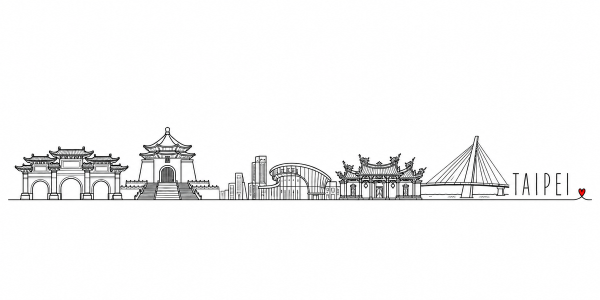Skyline de Taipei dessiné au trait noir continu, de gauche à droite : le grand portique à cinq arches et ses toits de tuiles, le mémorial blanc à toit octogonal au sommet de son escalier monumental, les immeubles du centre, le temple et ses faîtages en queue d'hirondelle — avec le nom TAIPEI en capitales espacées et un petit cœur rouge