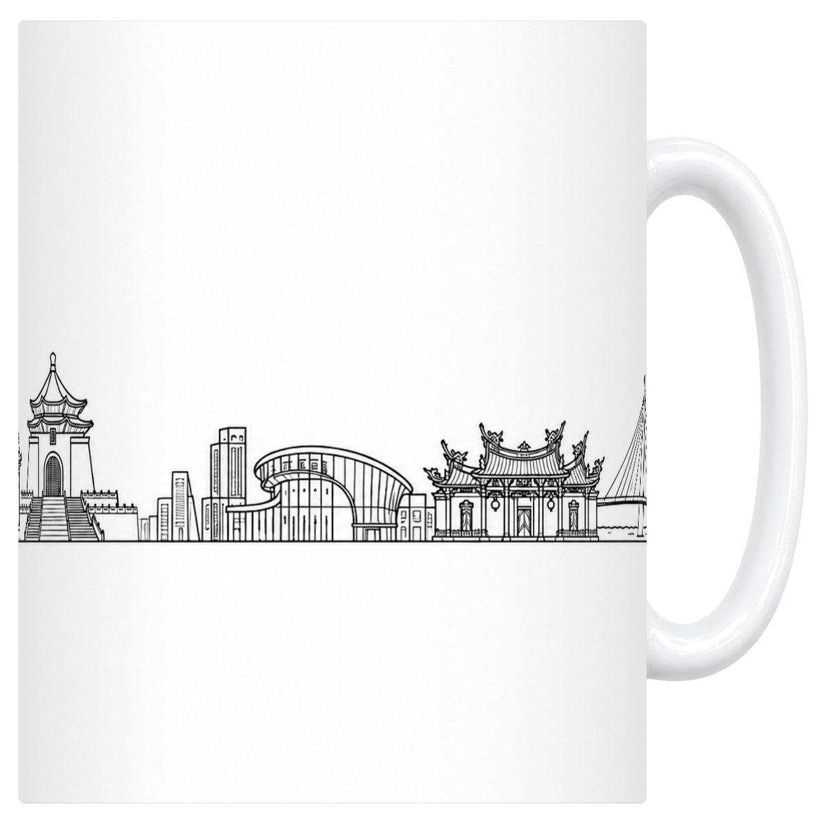 Mug blanc en céramique 330 ml illustré du skyline de Taipei au trait noir : le mémorial blanc à toit octogonal, le grand portique et le temple aux faîtages recourbés