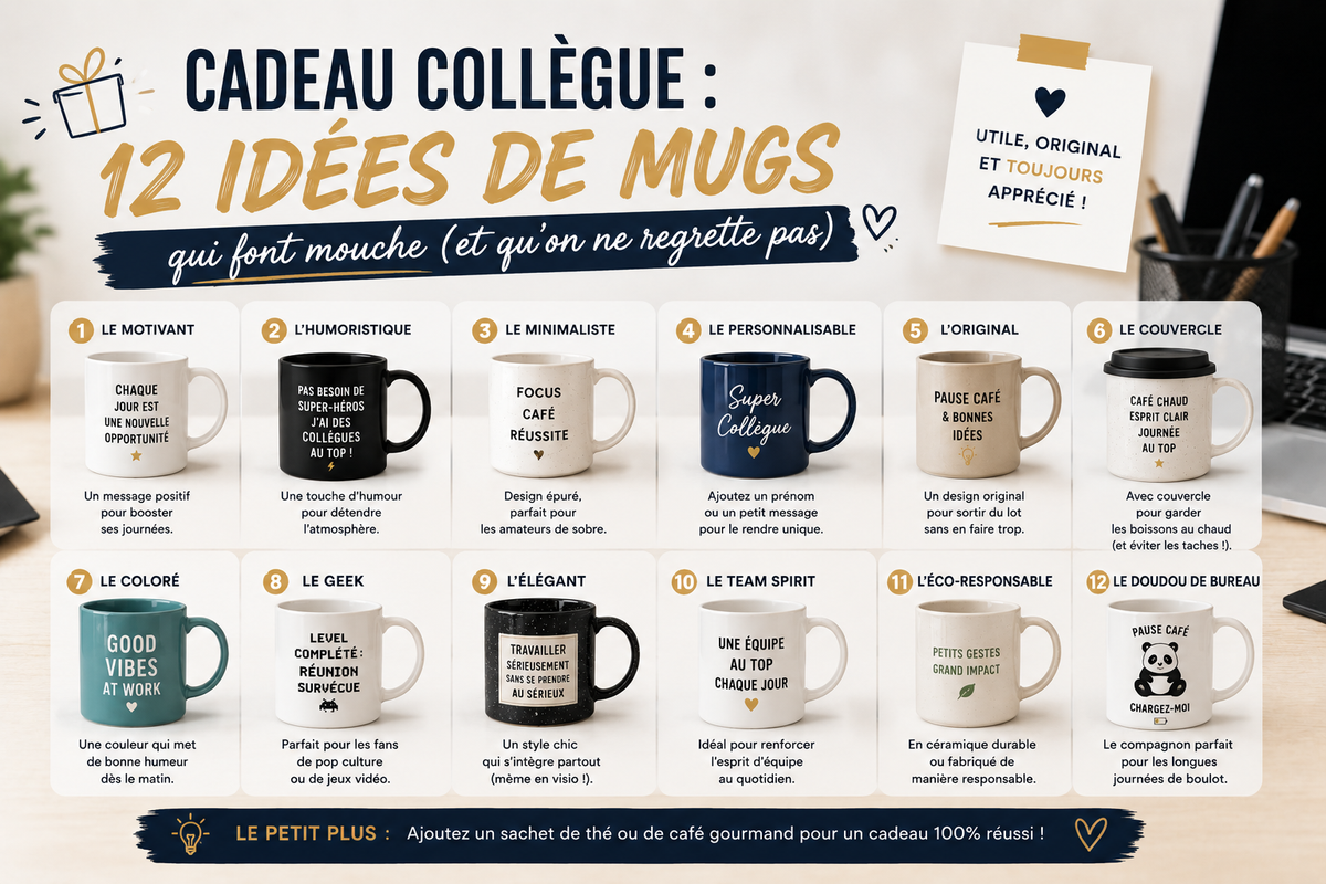 Infographie Cadeau collègue : grille des 12 idées de mugs à messages qui font mouche au bureau