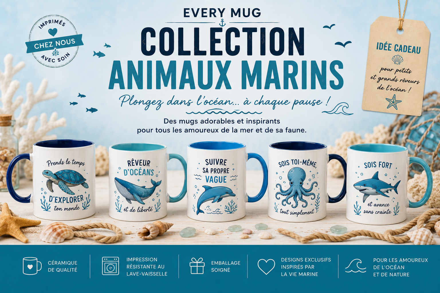 Collection mugs animaux marins EveryMug — dauphin, baleine, tortue et requin en céramique