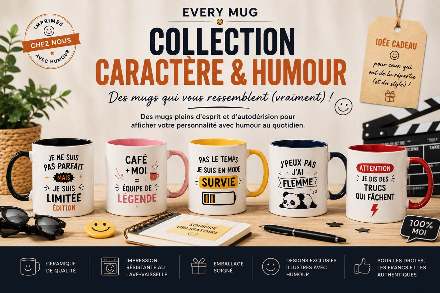 Collection de mugs caractère et humour Every Mug avec citations drôles et designs originaux, mugs en céramique pour cadeau humoristique et personnalité décalée.