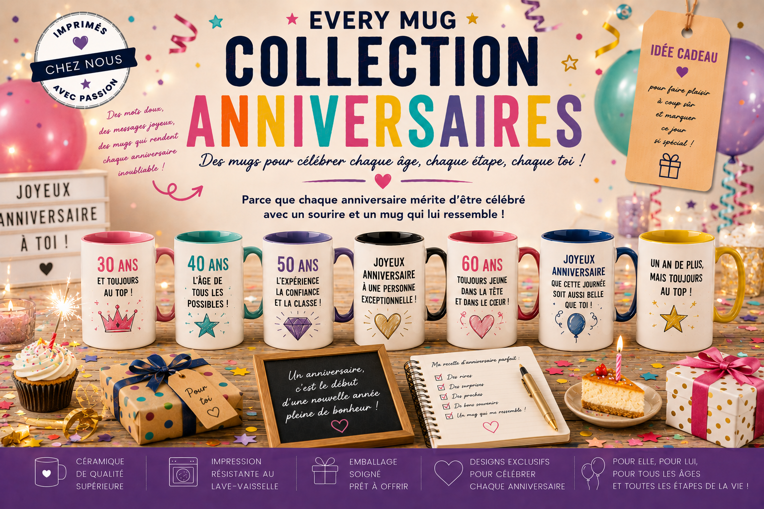 Collection mugs anniversaires EveryMug — 18 ans, 30 ans, 40 ans et 50 ans en céramique