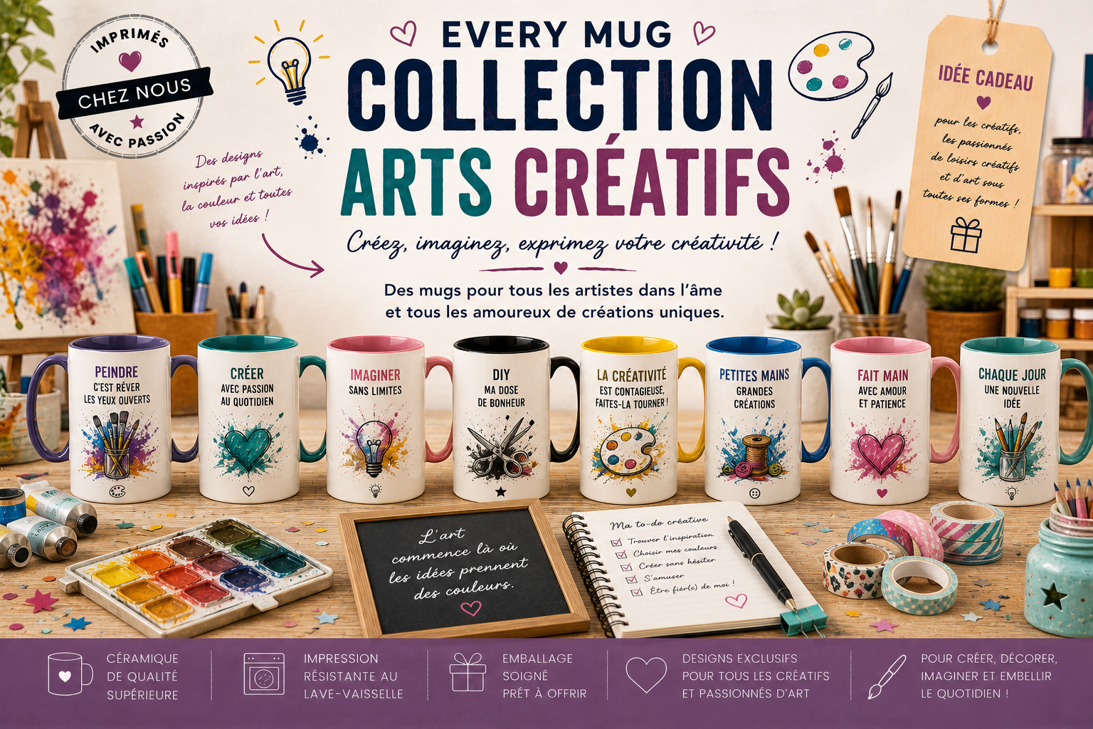 Collection mugs arts créatifs EveryMug — peintre, photographe, couturière et tricoteuse en céramique