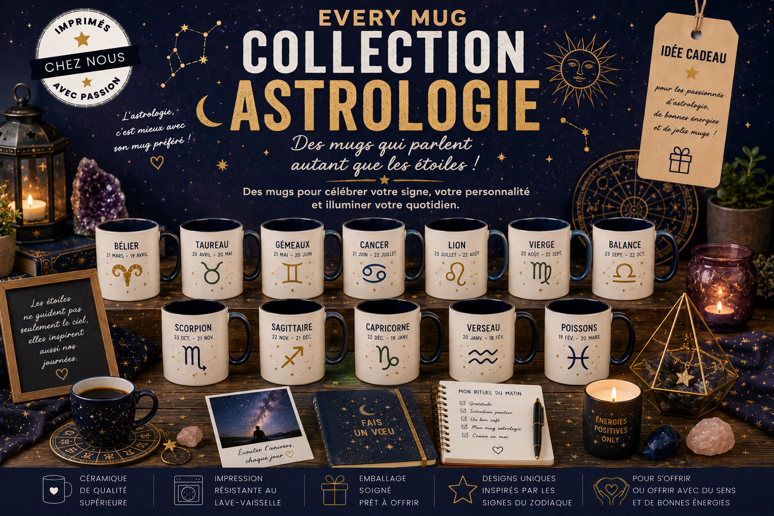 Collection mugs astrologie EveryMug — Bélier, Lion, Vierge et Balance en céramique
