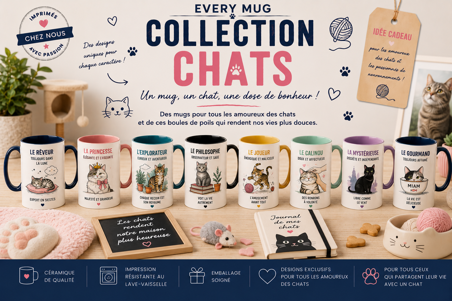 Collection mugs chats EveryMug — chat noir, maine coon, bengal et siamois en céramique
