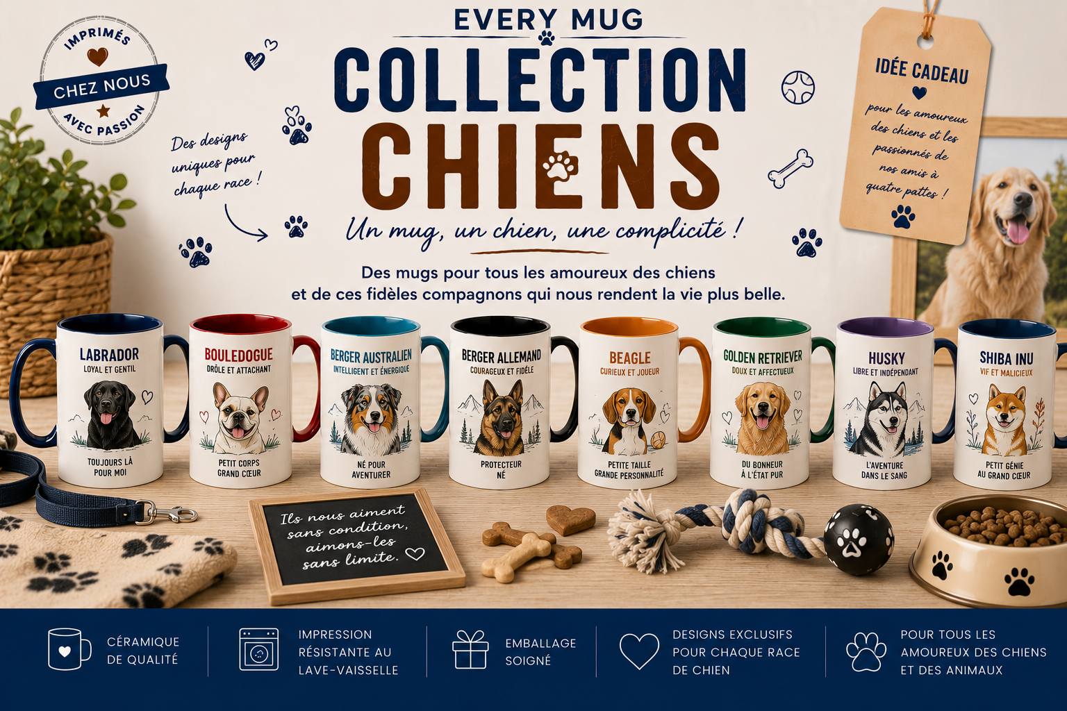 Collection mugs chiens EveryMug — labrador, golden retriever, berger allemand et bouledogue en céramique