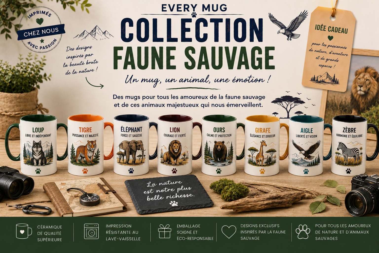 Collection mugs faune sauvage EveryMug — renard, loup, panda et hibou en céramique