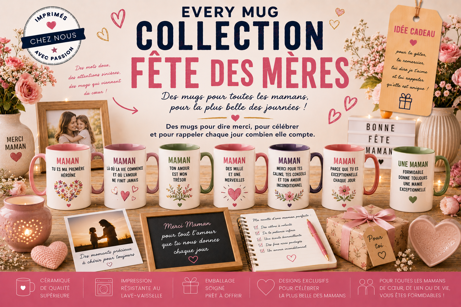 Collection mugs fête des mères EveryMug — Maman, je t'aime maman, merci maman et Super Maman en céramique