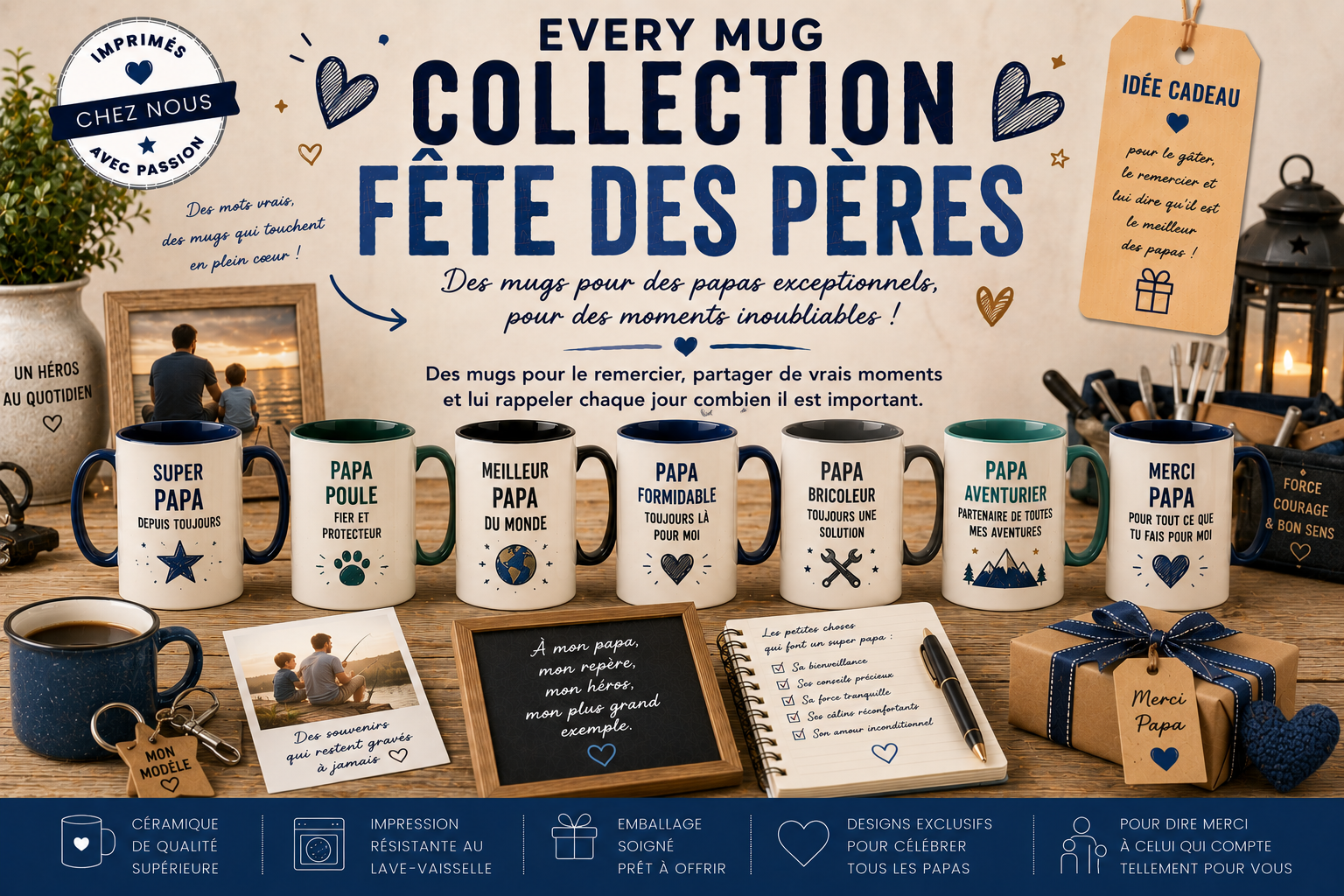 Collection mugs fête des pères EveryMug — Meilleur Papa, je t'aime papa, merci papa et Super Papa en céramique