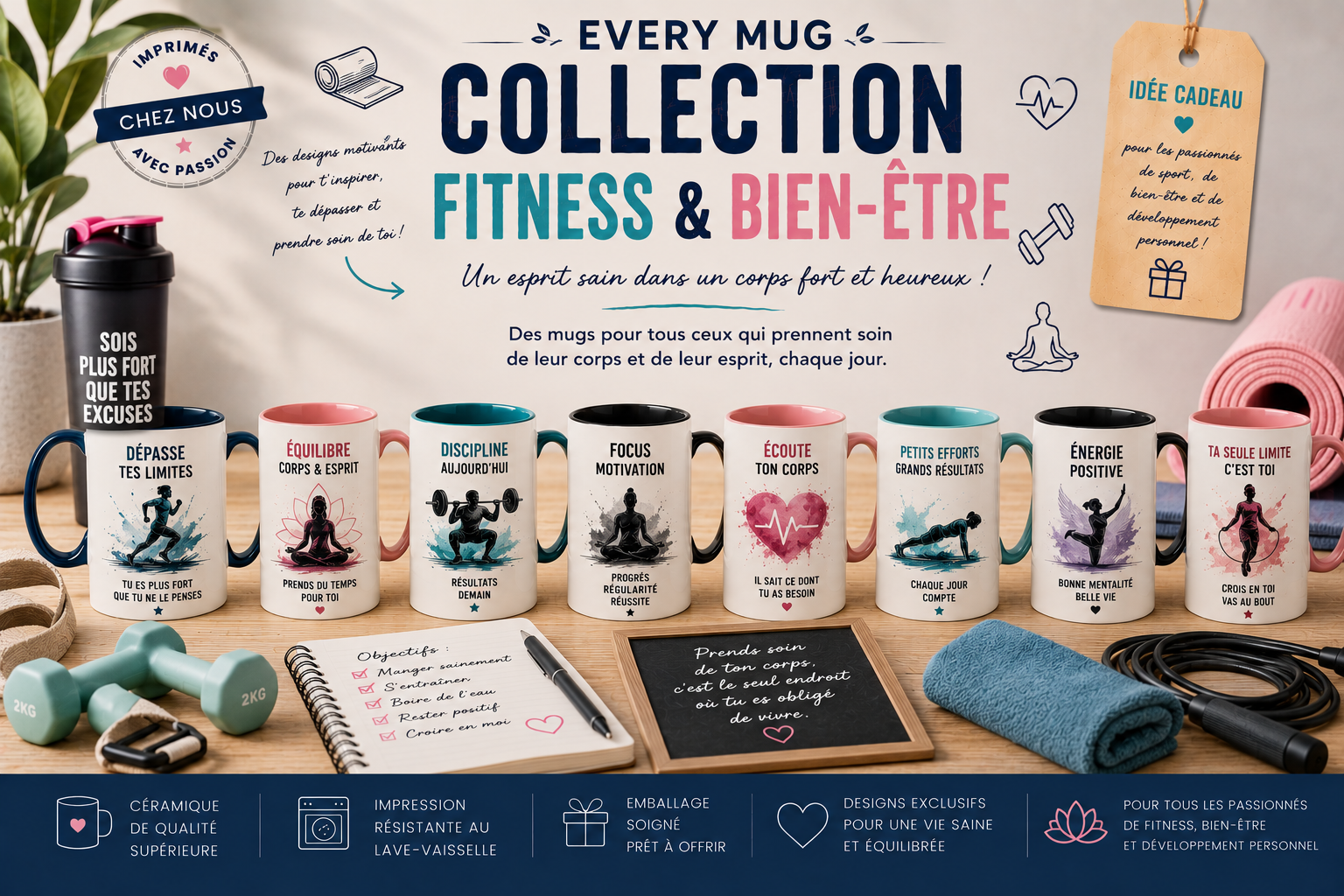 Collection mugs fitness et bien-être EveryMug — yoga, pilates, crossfit et danse en céramique