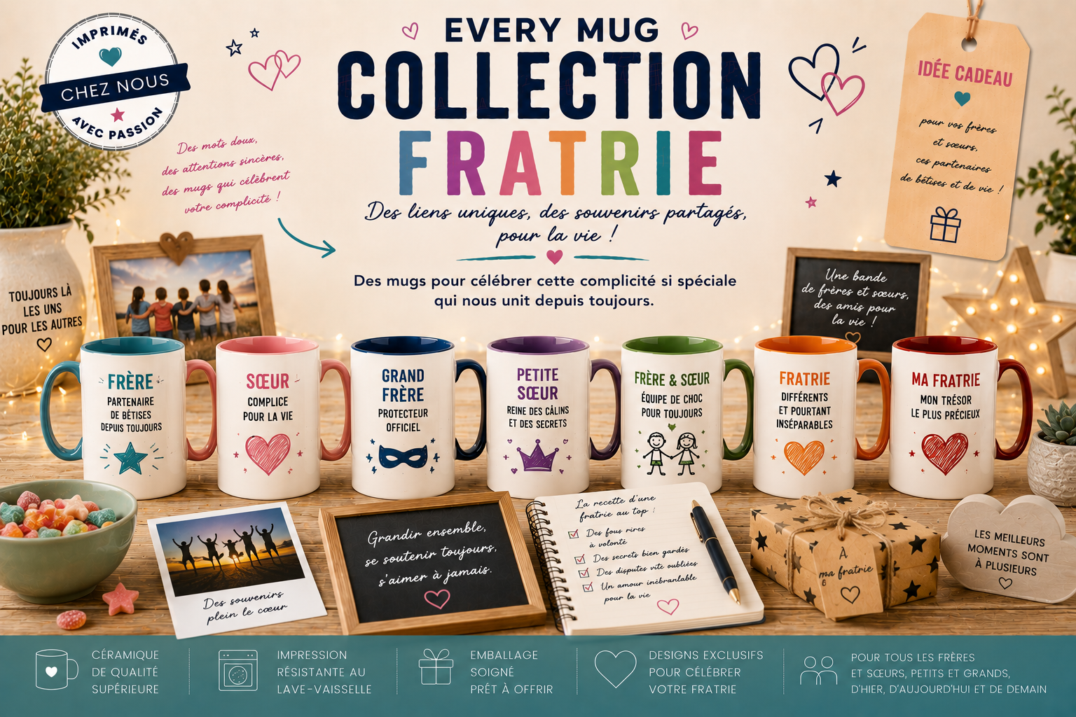 Collection mugs fratrie EveryMug — grande sœur, petit frère, jumeaux et cousins en céramique