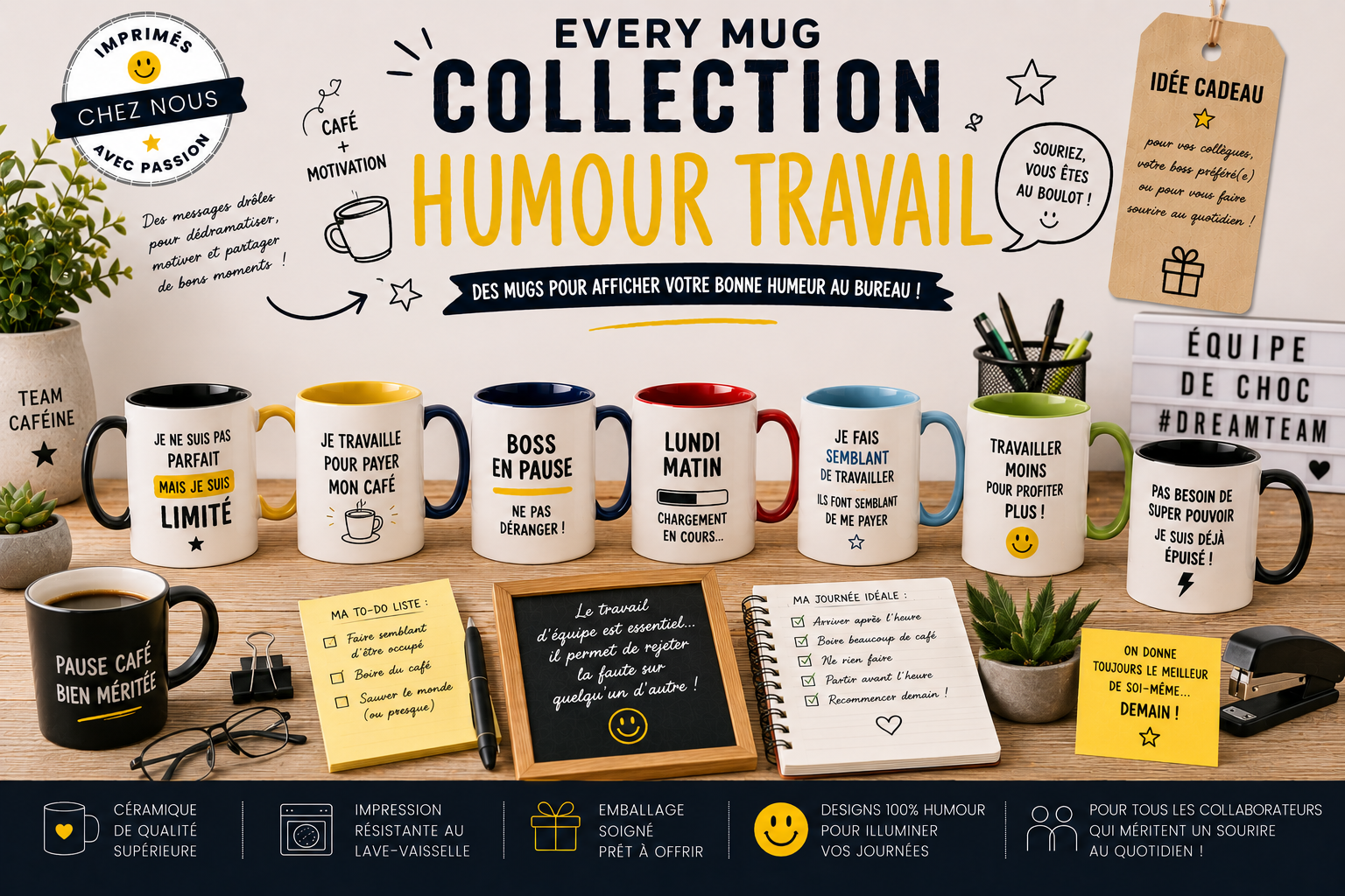 Collection mugs humour travail EveryMug — boss, collègue, patron et lundi matin en céramique