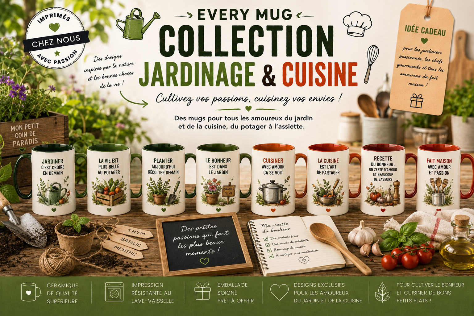 Collection mugs jardinage et cuisine EveryMug — jardinier, cuisinier amateur et pâtissier maison en céramique