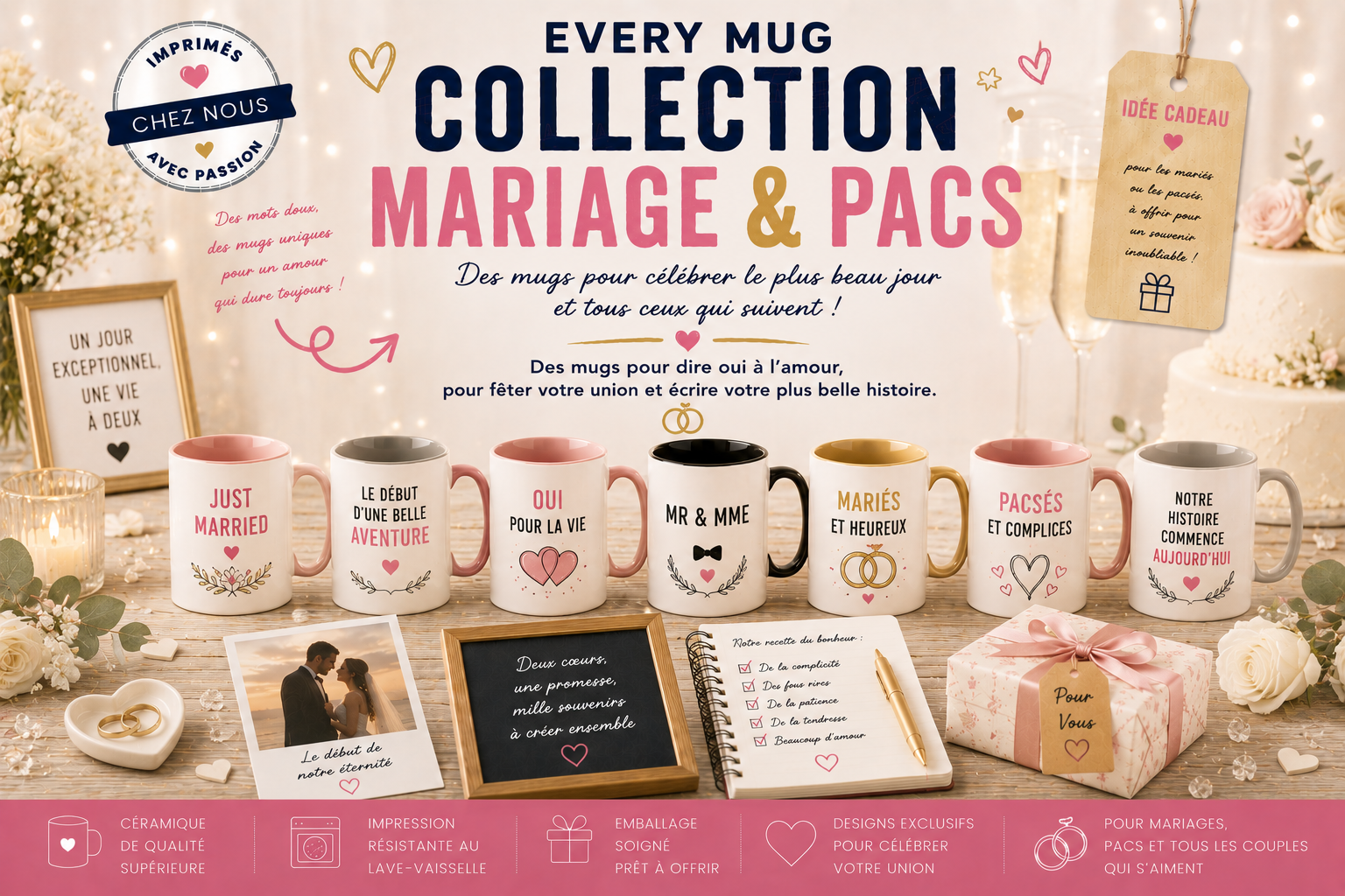 Collection mugs mariage et PACS EveryMug — futurs mariés, Mr & Mrs, témoins et EVJF en céramique