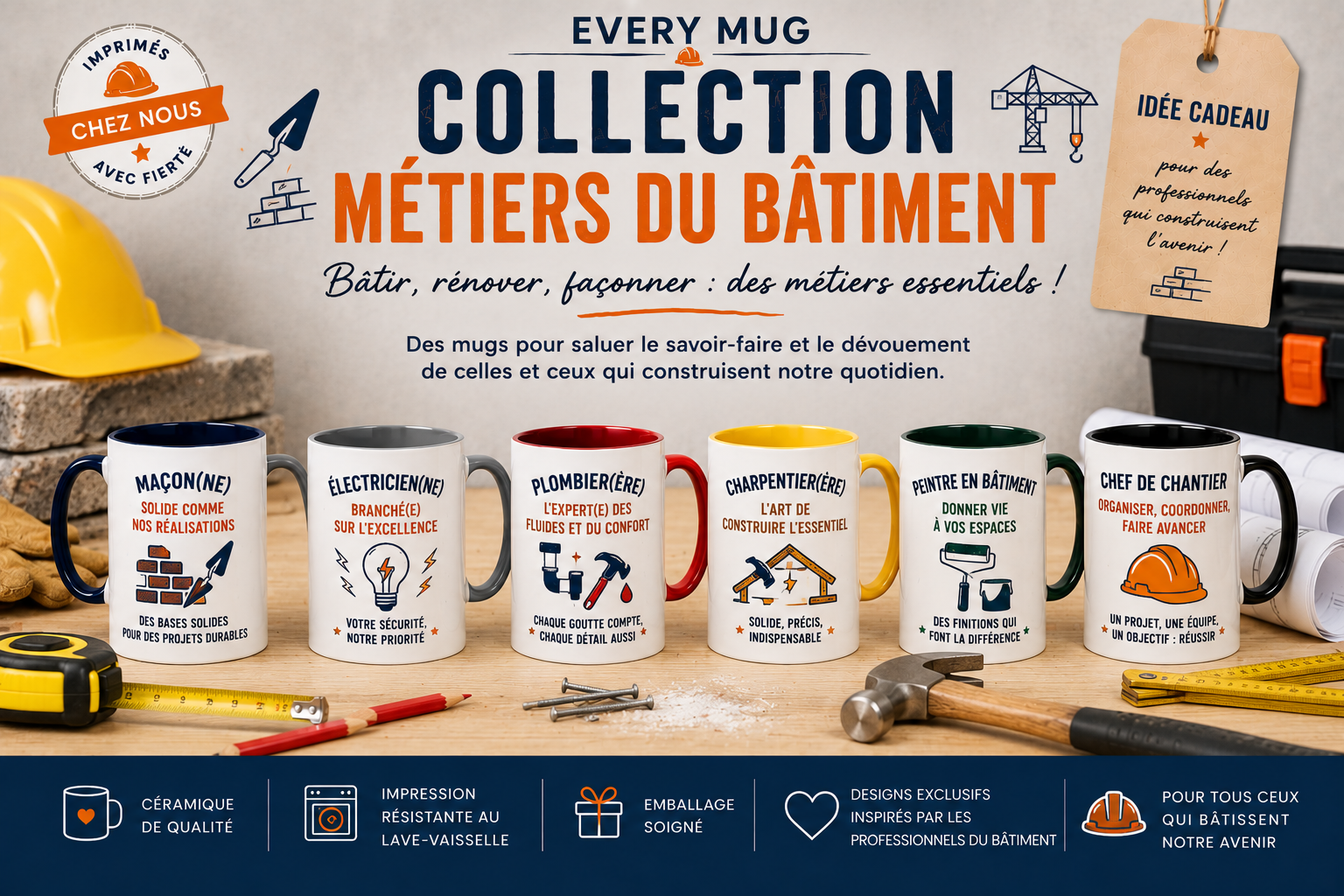 Collection mugs métiers du bâtiment EveryMug — électricien, plombier, menuisier et maçon en céramique
