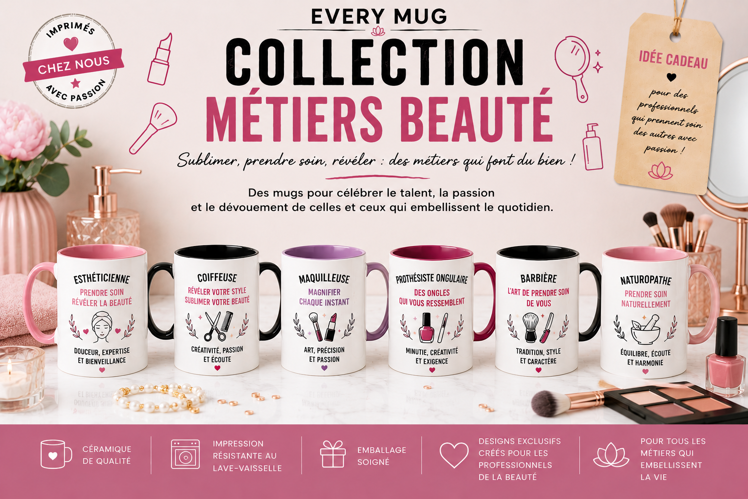 Collection mugs métiers beauté EveryMug — coiffeuse, esthéticienne et prothésiste ongulaire en céramique