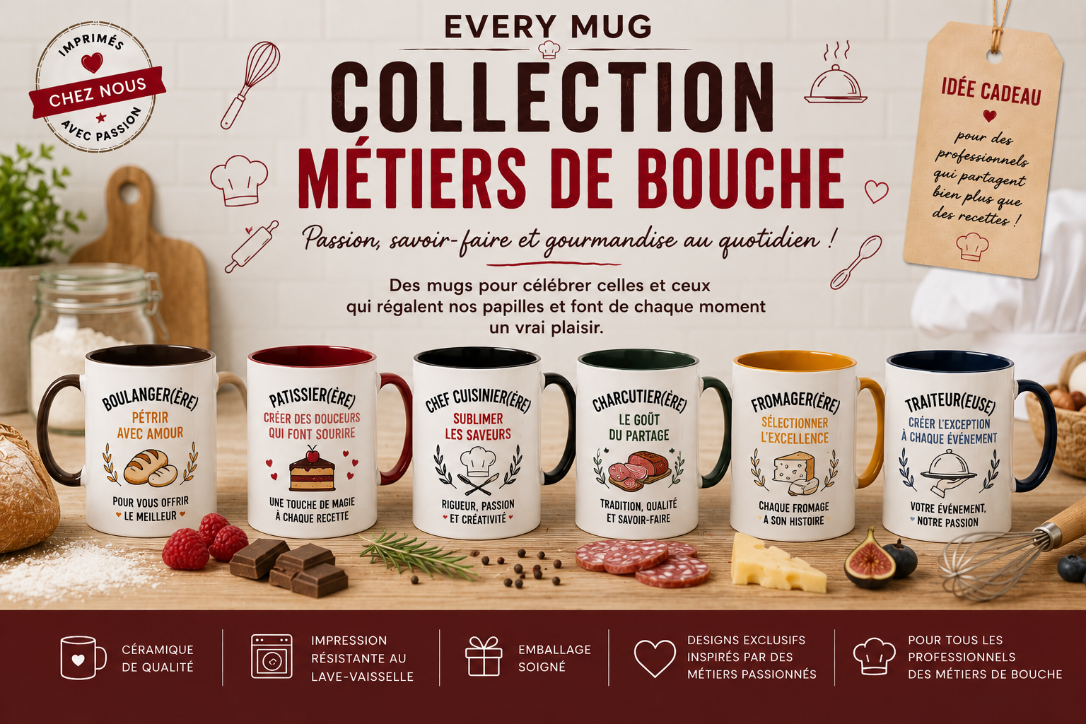 Collection mugs métiers de bouche EveryMug — boulanger, pâtissier, cuisinier et barman en céramique