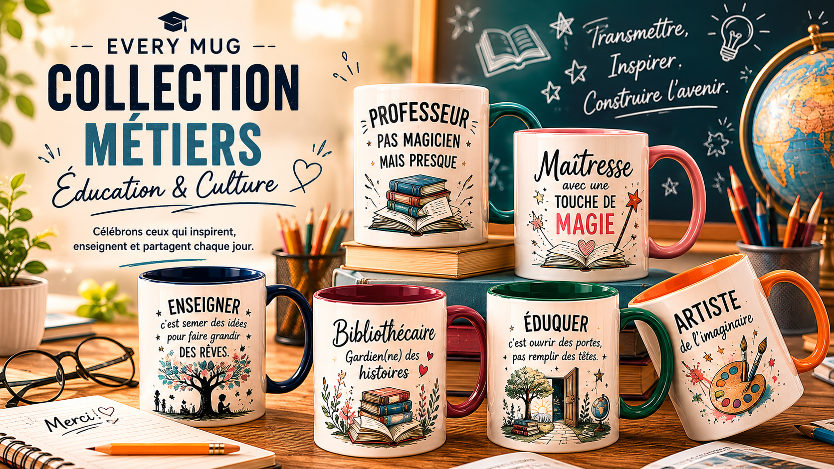 Collection mugs métiers de l'éducation EveryMug — maîtresse, instituteur, professeur et ATSEM en céramique